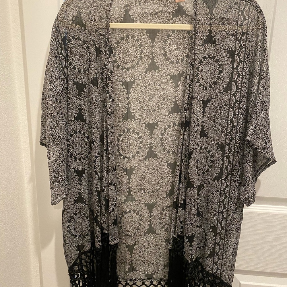 Black and Gray Sheer Kimono with Fringe
